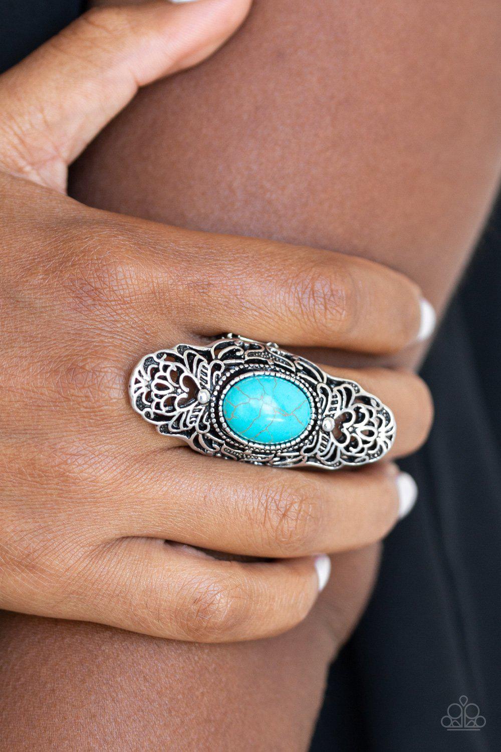 Ego Trippin' Turquoise Blue Stone and Silver Ring - Paparazzi Accessories- on model - CarasShop.com - Paparazzi Jewelry by Cara Jewels