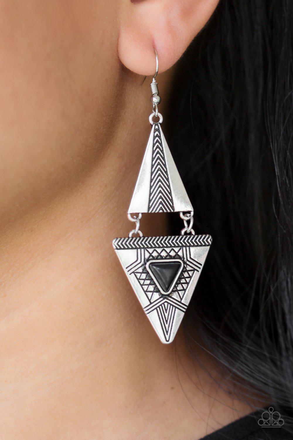 El Paso Edge Black Stone and Silver Earrings - Paparazzi Accessories- on model - CarasShop.com - Paparazzi Jewelry by Cara Jewels
