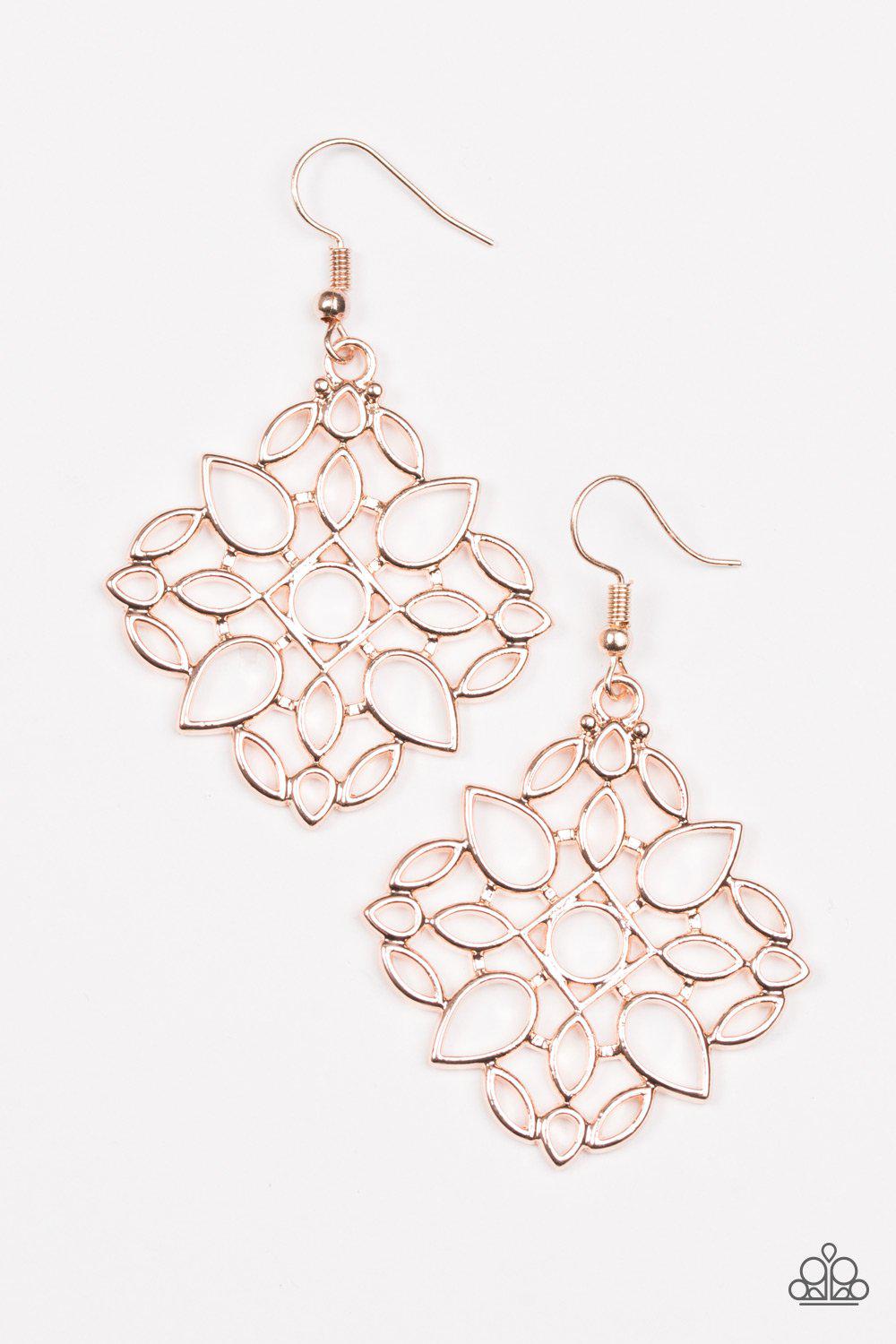 Elaborate Scheme Rose Gold Earrings - Paparazzi Accessories- lightbox - CarasShop.com - Paparazzi Jewelry by Cara Jewels