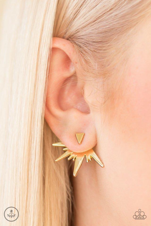 Electric Edge Gold Double-sided Post Earrings - Paparazzi Accessories- on model - CarasShop.com - Paparazzi Jewelry by Cara Jewels
