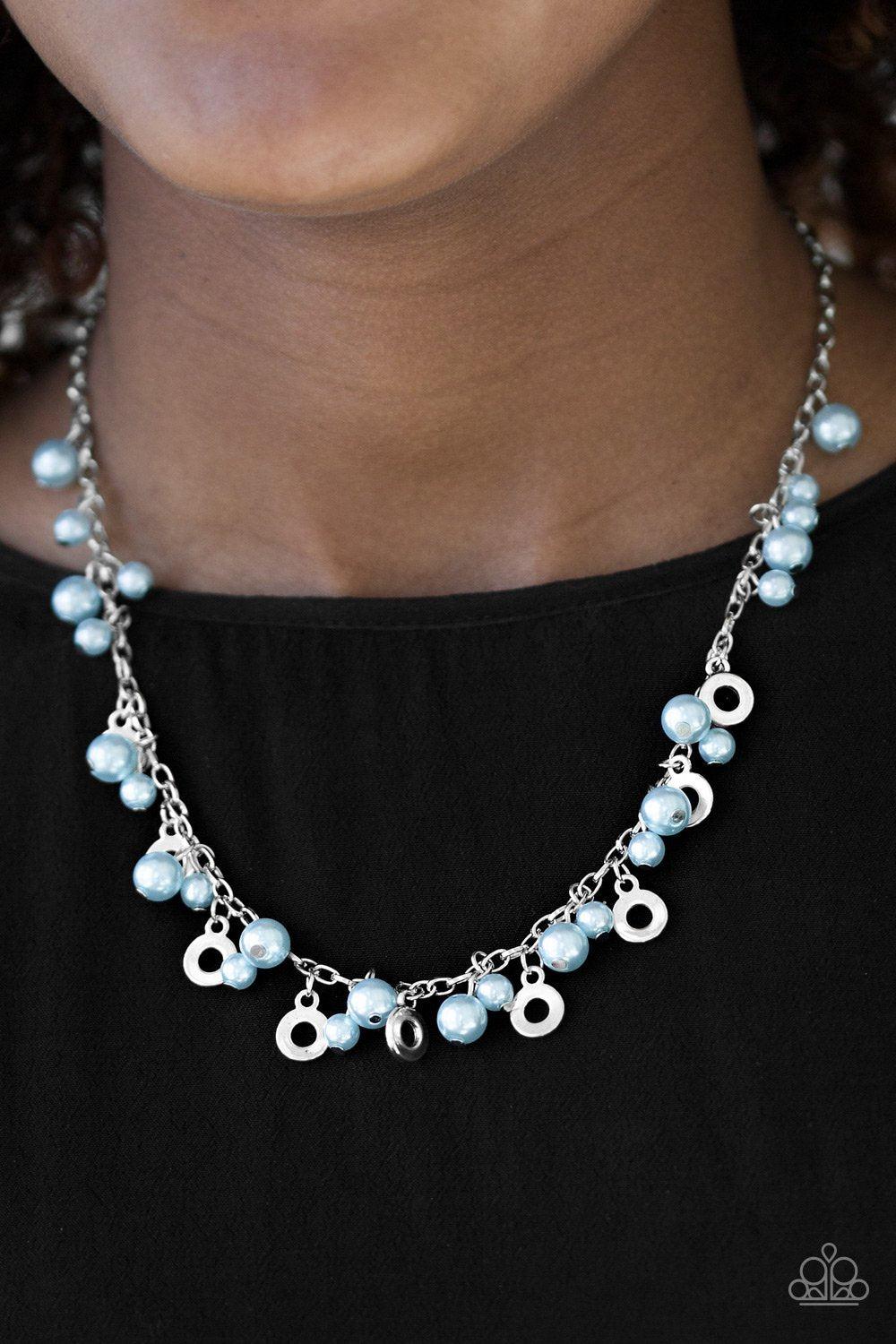 Elegant Ensemble Silver and Blue Pearl Necklace - Paparazzi Accessories- on model - CarasShop.com - Paparazzi Jewelry by Cara Jewels
