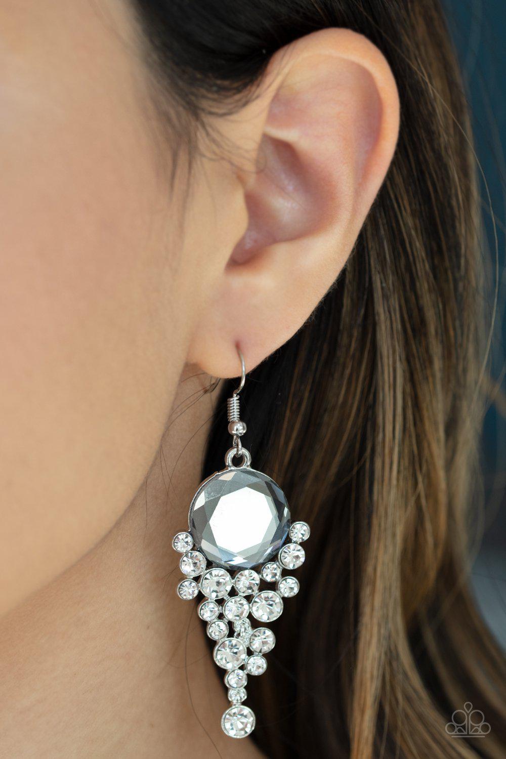 Elegantly Effervescent Silver and White Rhinestone Earrings - Paparazzi Accessories- on model - CarasShop.com - Paparazzi Jewelry by Cara Jewels