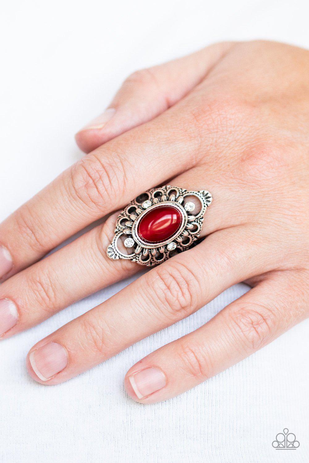 Elegantly Enchanted Red Cat's Eye Ring - Paparazzi Accessories- on model - CarasShop.com - Paparazzi Jewelry by Cara Jewels
