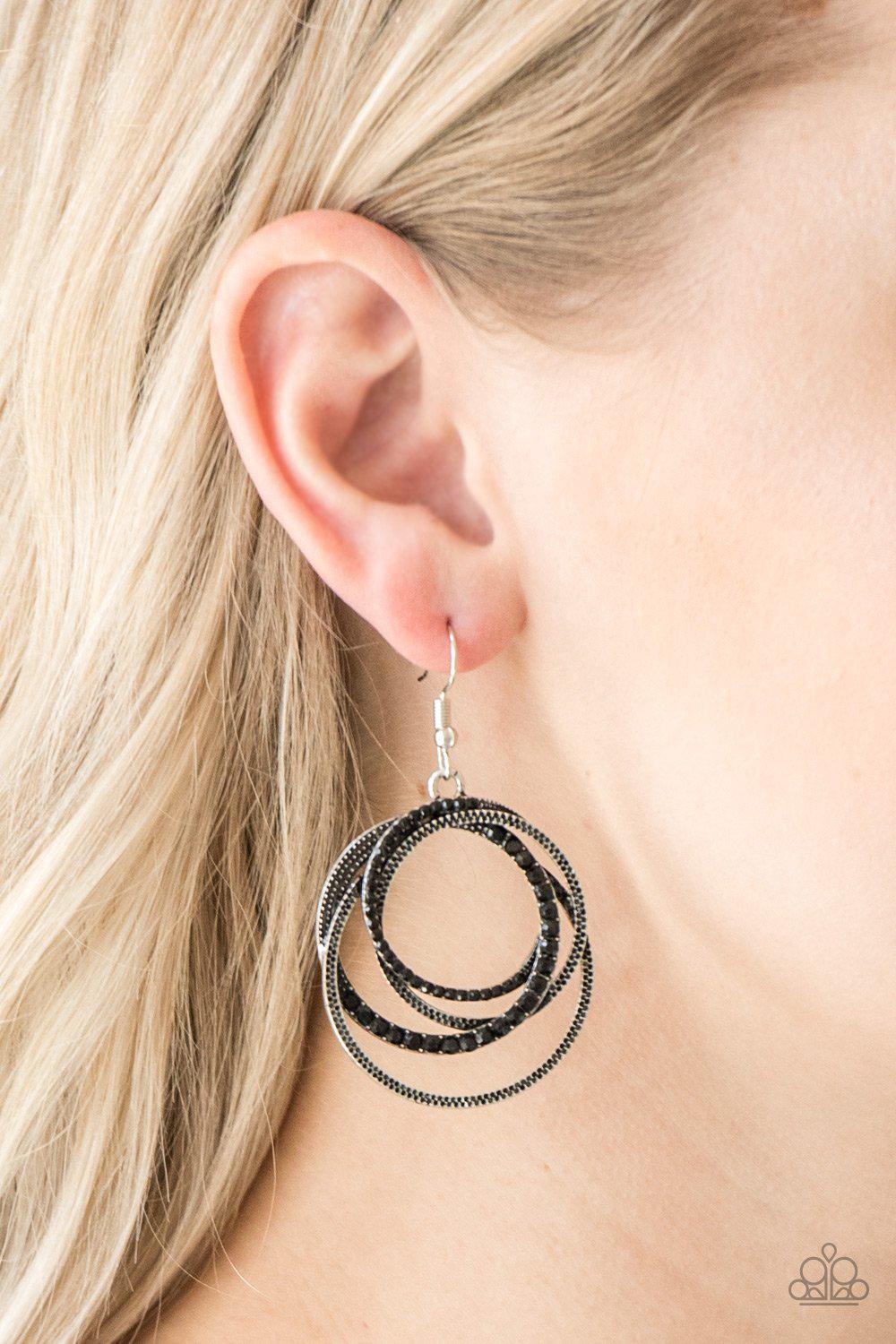 Elegantly Entangled Black Rhinestone Earrings - Paparazzi Accessories- on model - CarasShop.com - Paparazzi Jewelry by Cara Jewels