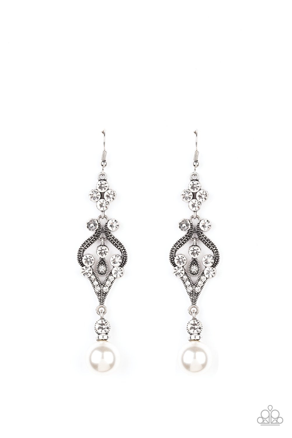 Elegantly Extravagant Ornate Silver and White Pearl Earrings - Paparazzi Accessories- lightbox - CarasShop.com - Paparazzi Jewelry by Cara Jewels