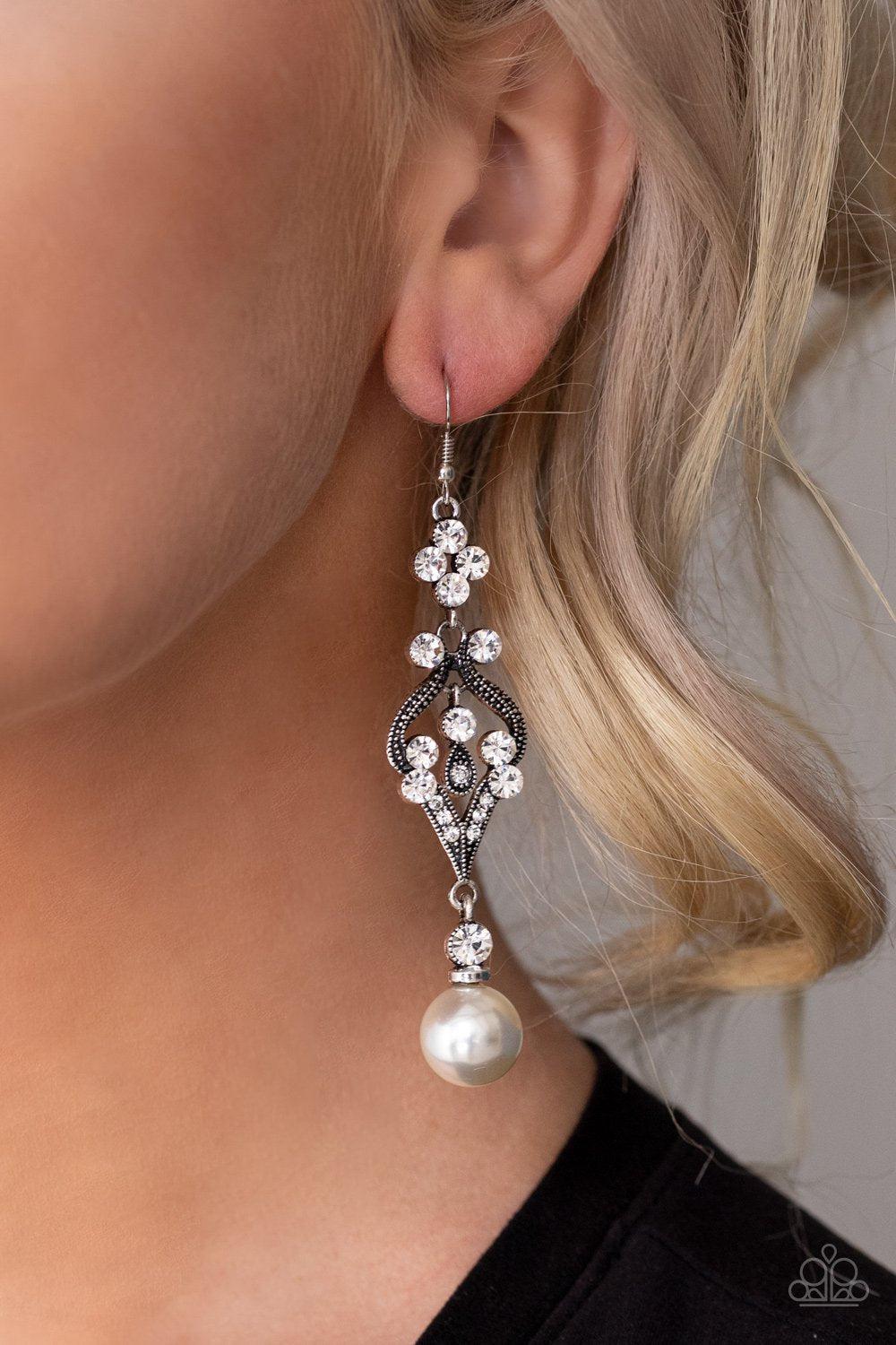 Elegantly Extravagant Ornate Silver and White Pearl Earrings - Paparazzi Accessories- on model - CarasShop.com - Paparazzi Jewelry by Cara Jewels