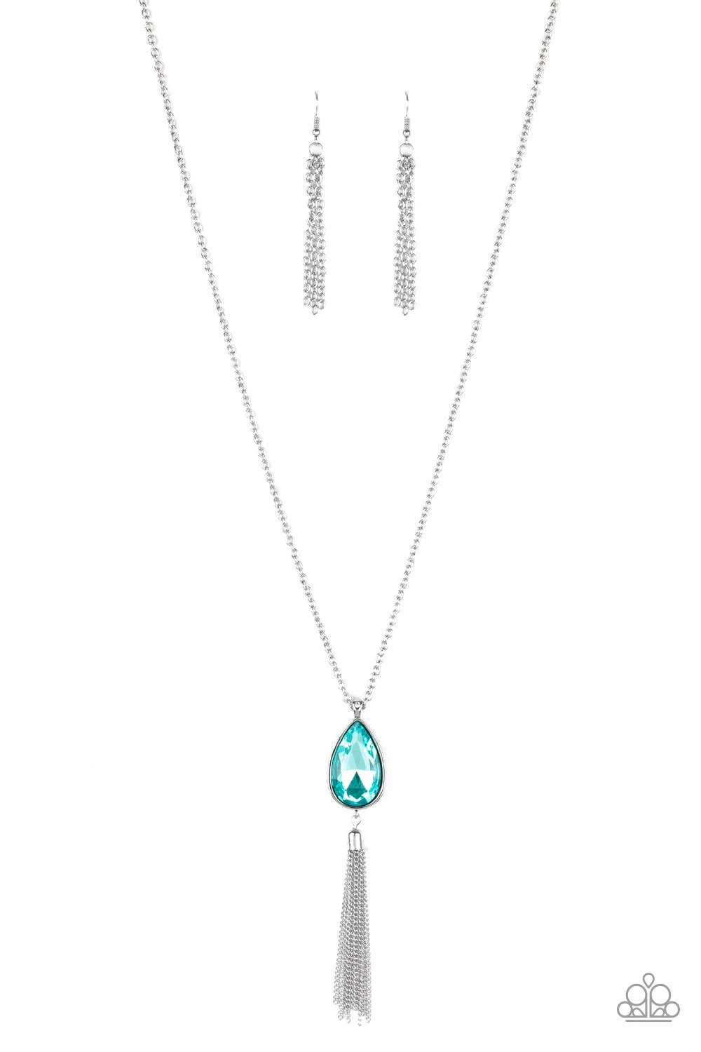Elite Shine Blue Gem and Silver Tassel Necklace - Paparazzi Accessories- lightbox - CarasShop.com - Paparazzi Jewelry by Cara Jewels