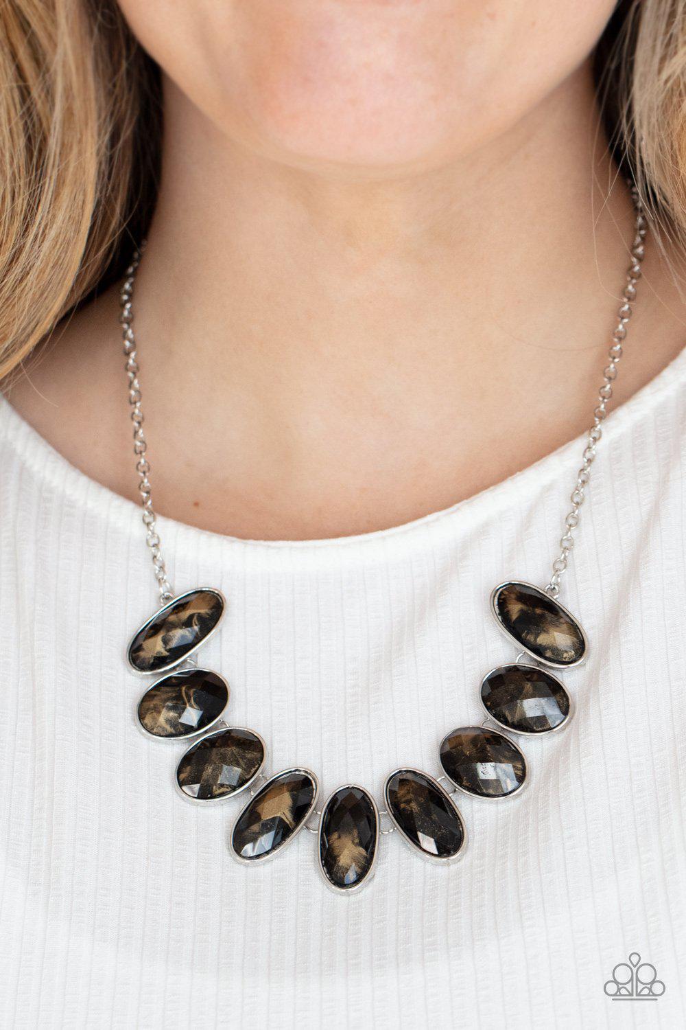 Elliptical Episode Black and Gold Gem Necklace - Paparazzi Accessories- on model - CarasShop.com - Paparazzi Jewelry by Cara Jewels