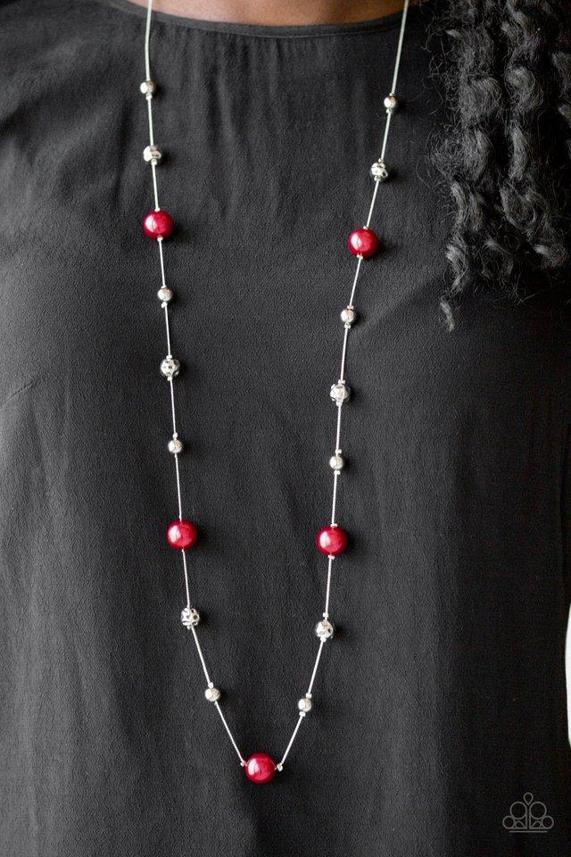 Eloquently Eloquent Red and Silver Necklace - Paparazzi Accessories- on model - CarasShop.com - Paparazzi Jewelry by Cara Jewels