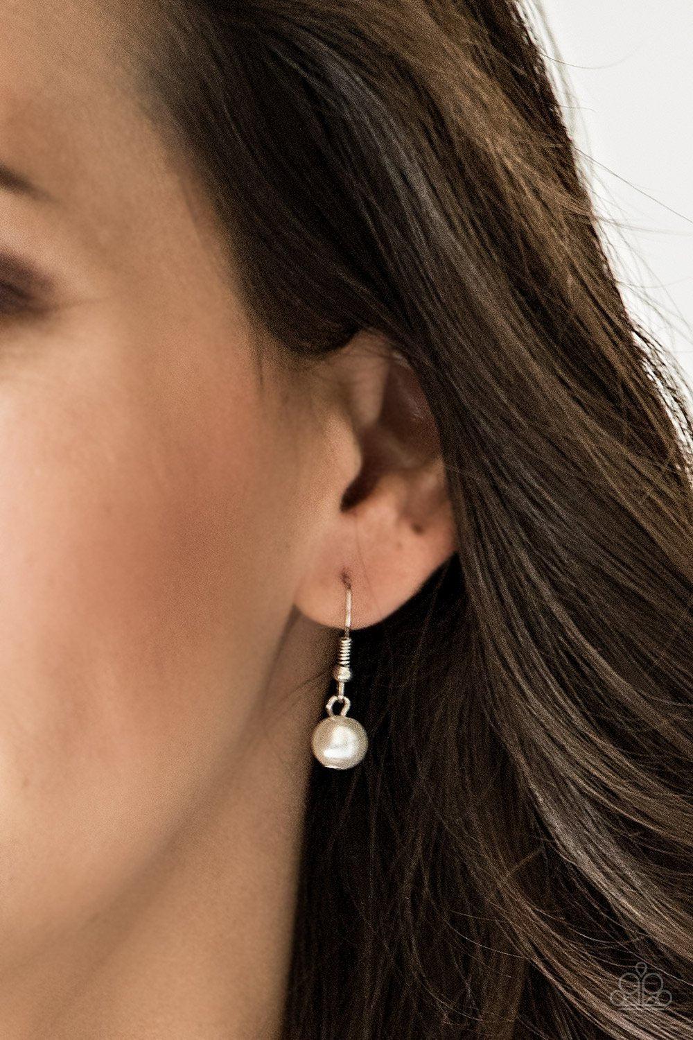 Eloquently Eloquent Silver and White Pearl Lanyard Necklace - Paparazzi Accessories - free matching earrings -CarasShop.com - Paparazzi Jewelry by Cara Jewels