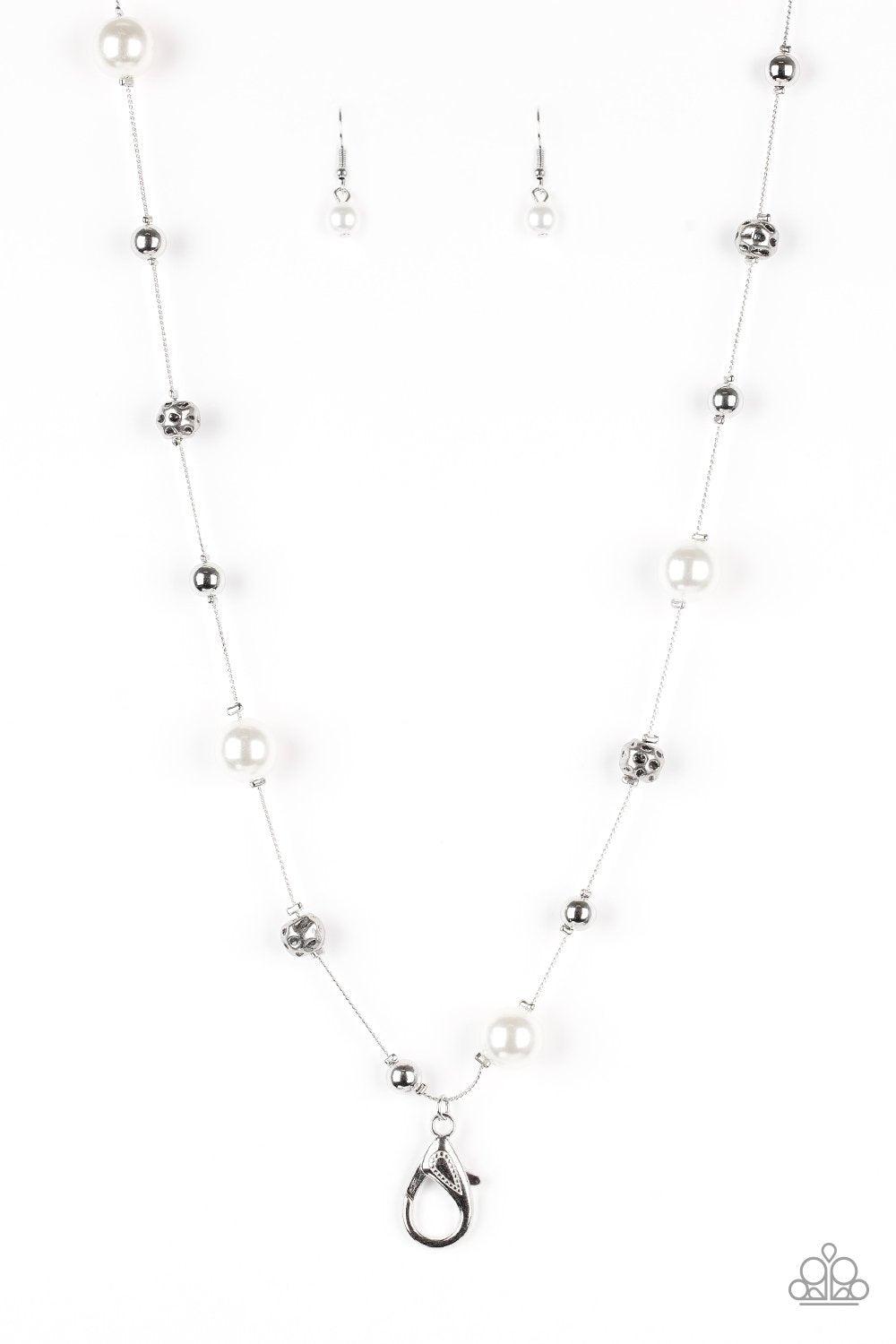 Eloquently Eloquent Silver and White Pearl Lanyard Necklace - Paparazzi Accessories- lightbox - CarasShop.com - Paparazzi Jewelry by Cara Jewels