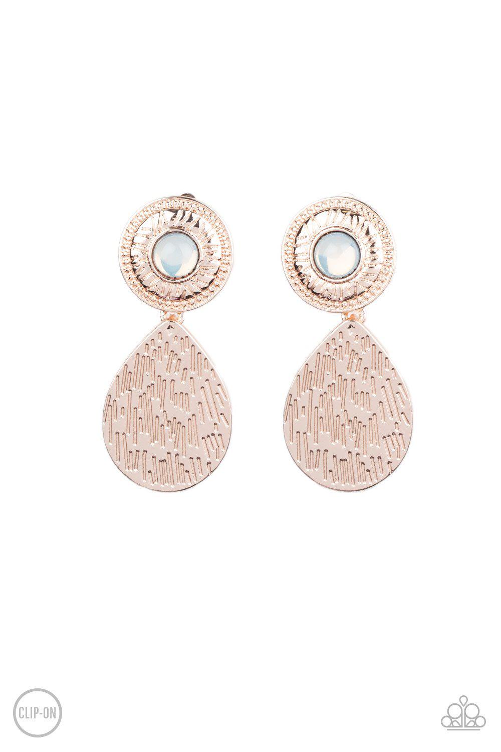 Emblazoned Edge Rose Gold and Opal Clip-On Earrings - Paparazzi Accessories- lightbox - CarasShop.com - Paparazzi Jewelry by Cara Jewels