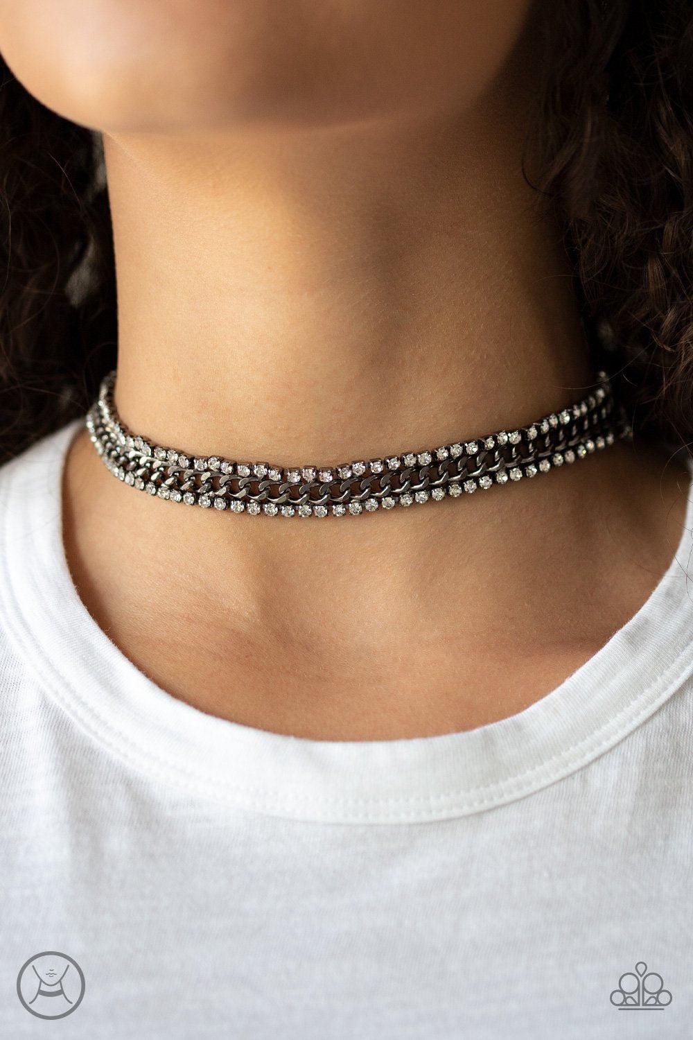 Empo-HER-ment - Black Hematite Choker Necklace - Paparazzi Accessories- on model - CarasShop.com - Paparazzi Jewelry by Cara Jewels