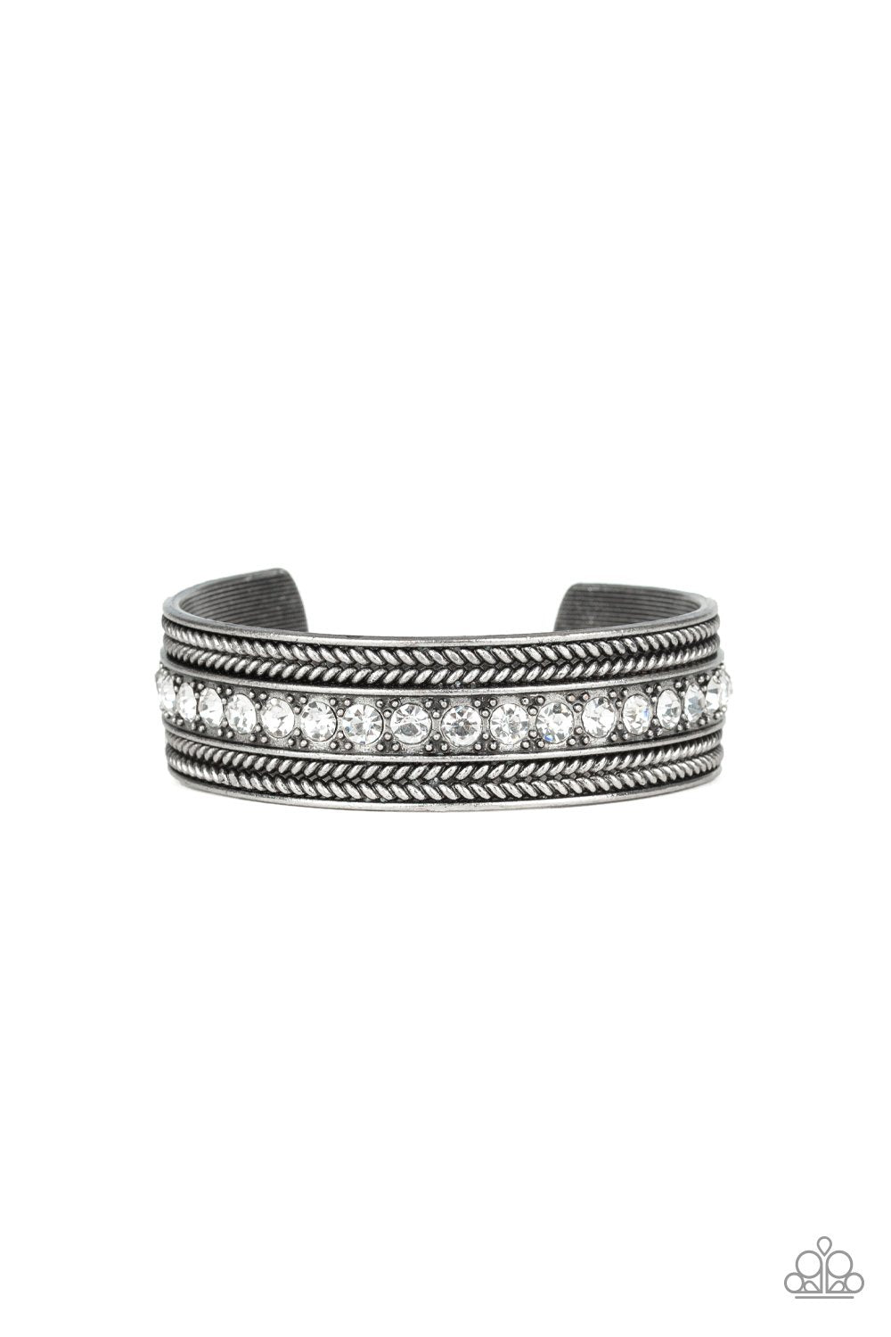 Empress Etiquette White and Silver Cuff Bracelet - Paparazzi Accessories- lightbox - CarasShop.com - Paparazzi Jewelry by Cara Jewels