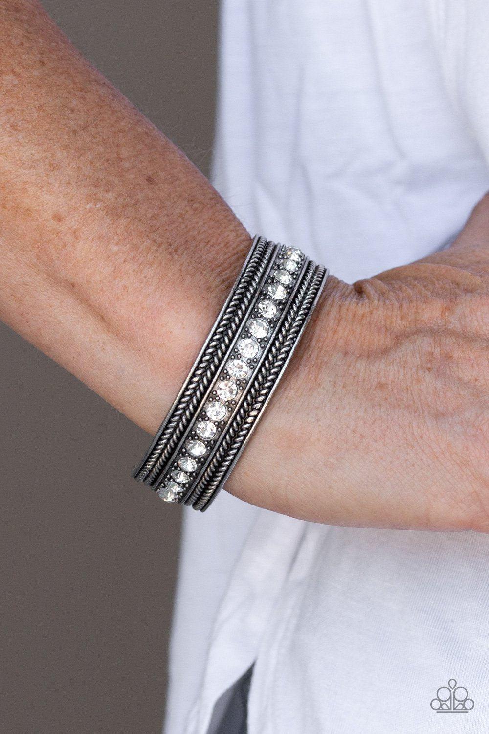 Empress Etiquette White and Silver Cuff Bracelet - Paparazzi Accessories- lightbox - CarasShop.com - Paparazzi Jewelry by Cara Jewels