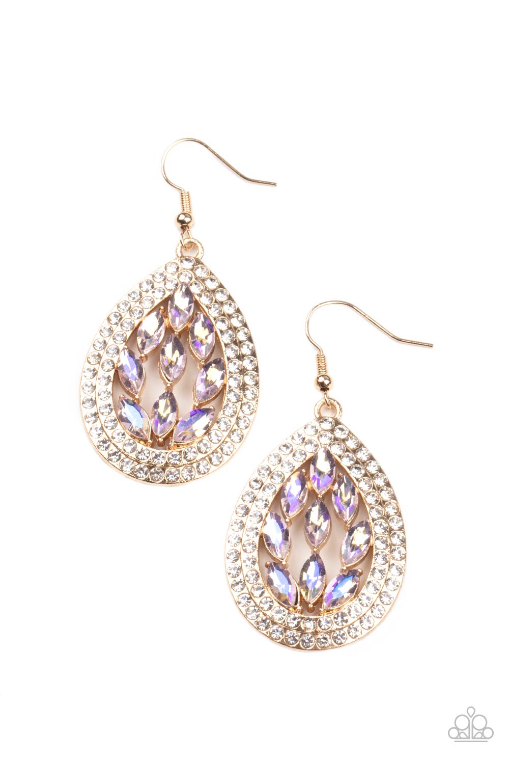 Encased Elegance Gold and Iridescent Rhinestone Earrings - Paparazzi Accessories- lightbox - CarasShop.com - Paparazzi Jewelry by Cara Jewels