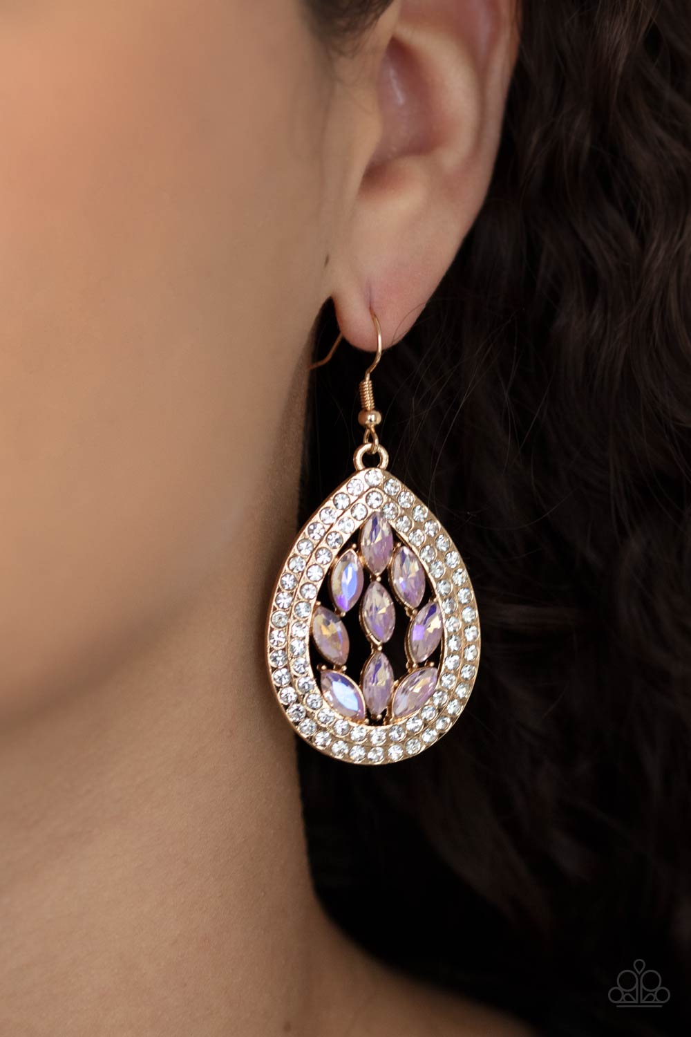 Encased Elegance Gold and Iridescent Rhinestone Earrings - Paparazzi Accessories- on model - CarasShop.com - Paparazzi Jewelry by Cara Jewels