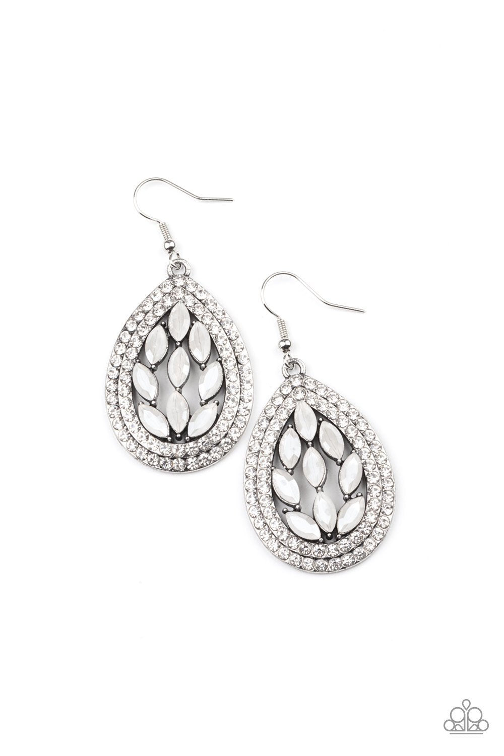 Encased Elegance Iridescent White Rhinestone Earrings - Paparazzi Accessories- lightbox - CarasShop.com - Paparazzi Jewelry by Cara Jewels