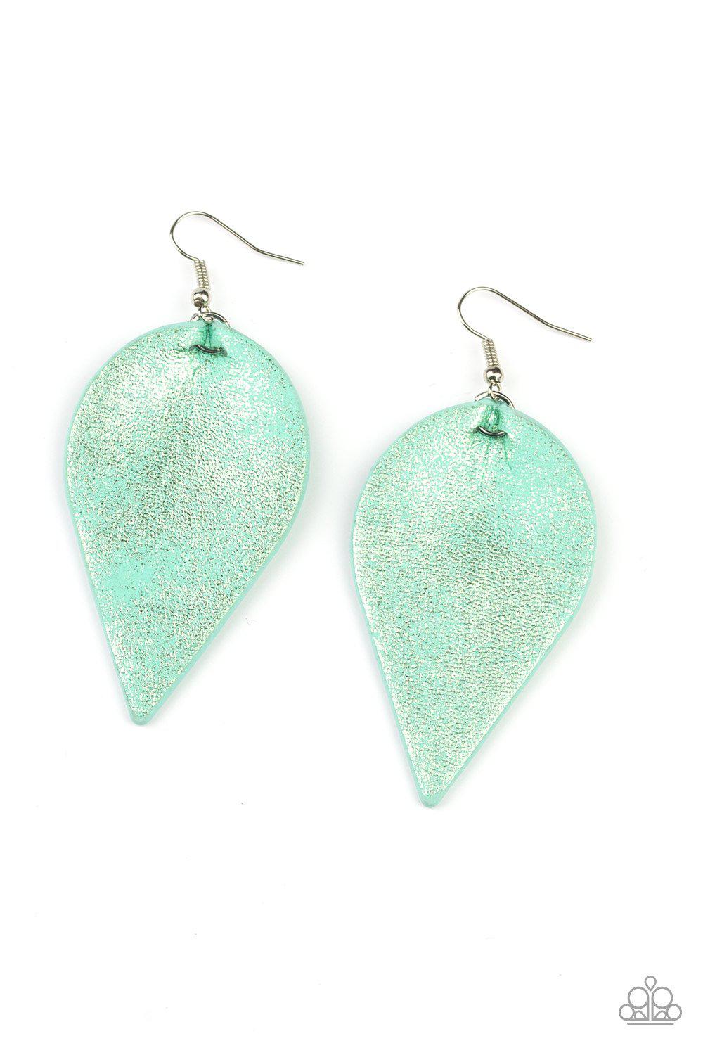 Enchanted Shimmer Green Leaf Earrings - Paparazzi Accessories- lightbox - CarasShop.com - Paparazzi Jewelry by Cara Jewels