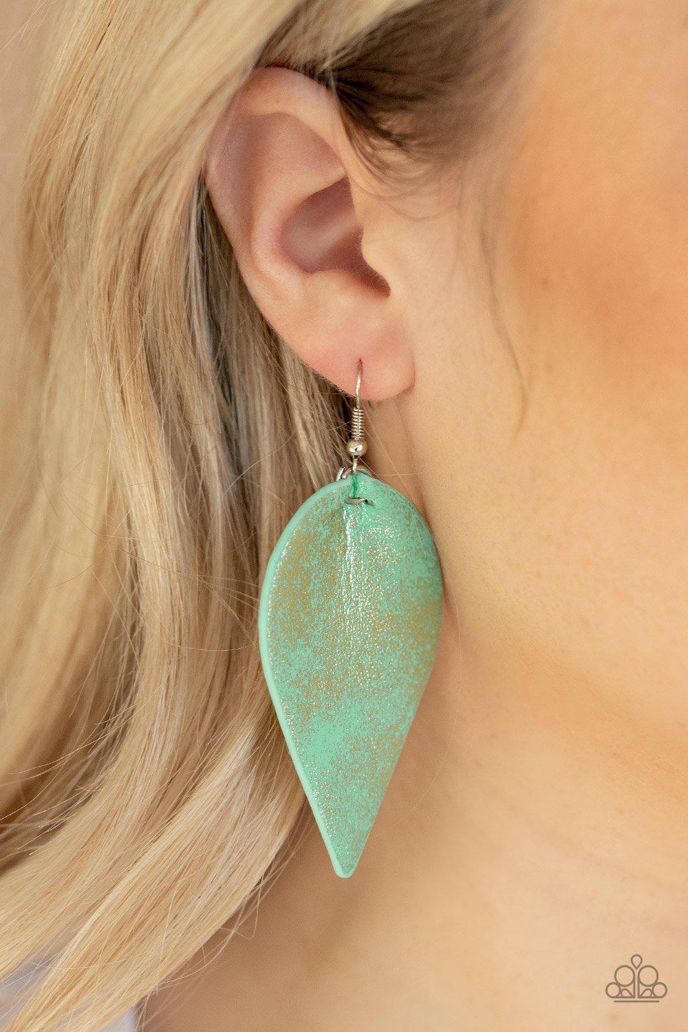 Enchanted Shimmer Green Leaf Earrings - Paparazzi Accessories- on model - CarasShop.com - Paparazzi Jewelry by Cara Jewels