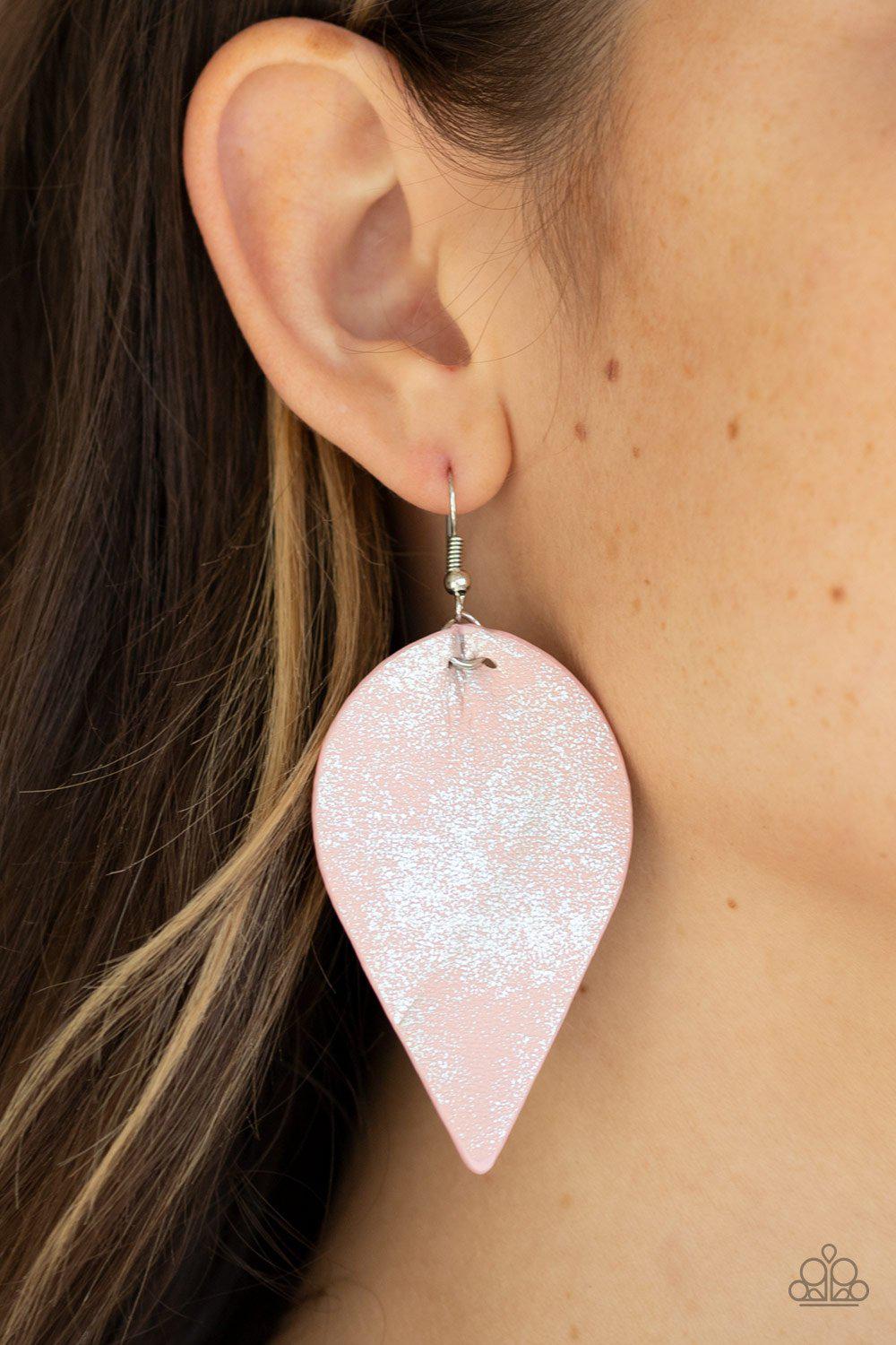 Enchanted Shimmer Pink Leaf Earrings - Paparazzi Accessories- on model - CarasShop.com - Paparazzi Jewelry by Cara Jewels
