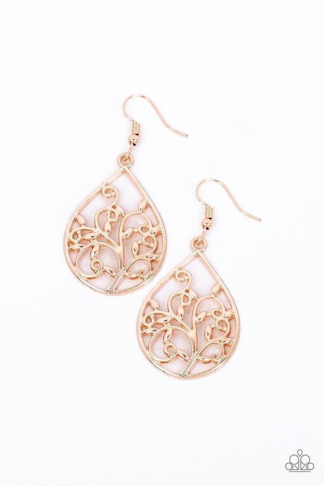 Enchanted Vines Rose Gold Filigree Teardrop Earrings - Paparazzi Accessories- lightbox - CarasShop.com - Paparazzi Jewelry by Cara Jewels