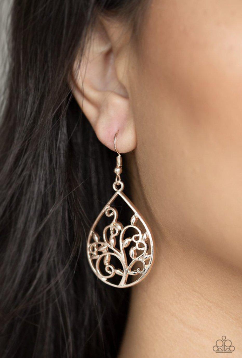 Enchanted Vines Rose Gold Filigree Teardrop Earrings - Paparazzi Accessories- on model - CarasShop.com - Paparazzi Jewelry by Cara Jewels