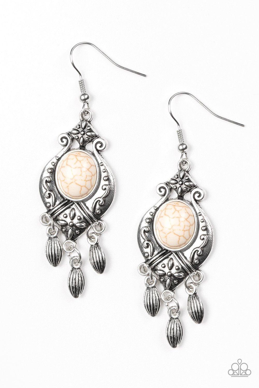 Enchantingly Environmentalist Silver and White Stone Earrings - Paparazzi Accessories- lightbox - CarasShop.com - Paparazzi Jewelry by Cara Jewels
