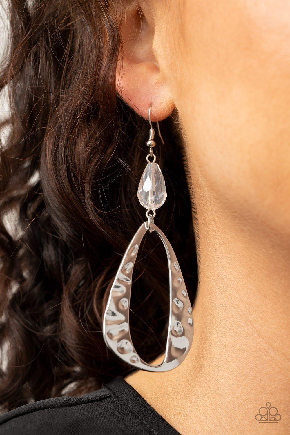 Enhanced Elegance White and Silver Earrings - Paparazzi Accessories- on model - CarasShop.com - Paparazzi Jewelry by Cara Jewels