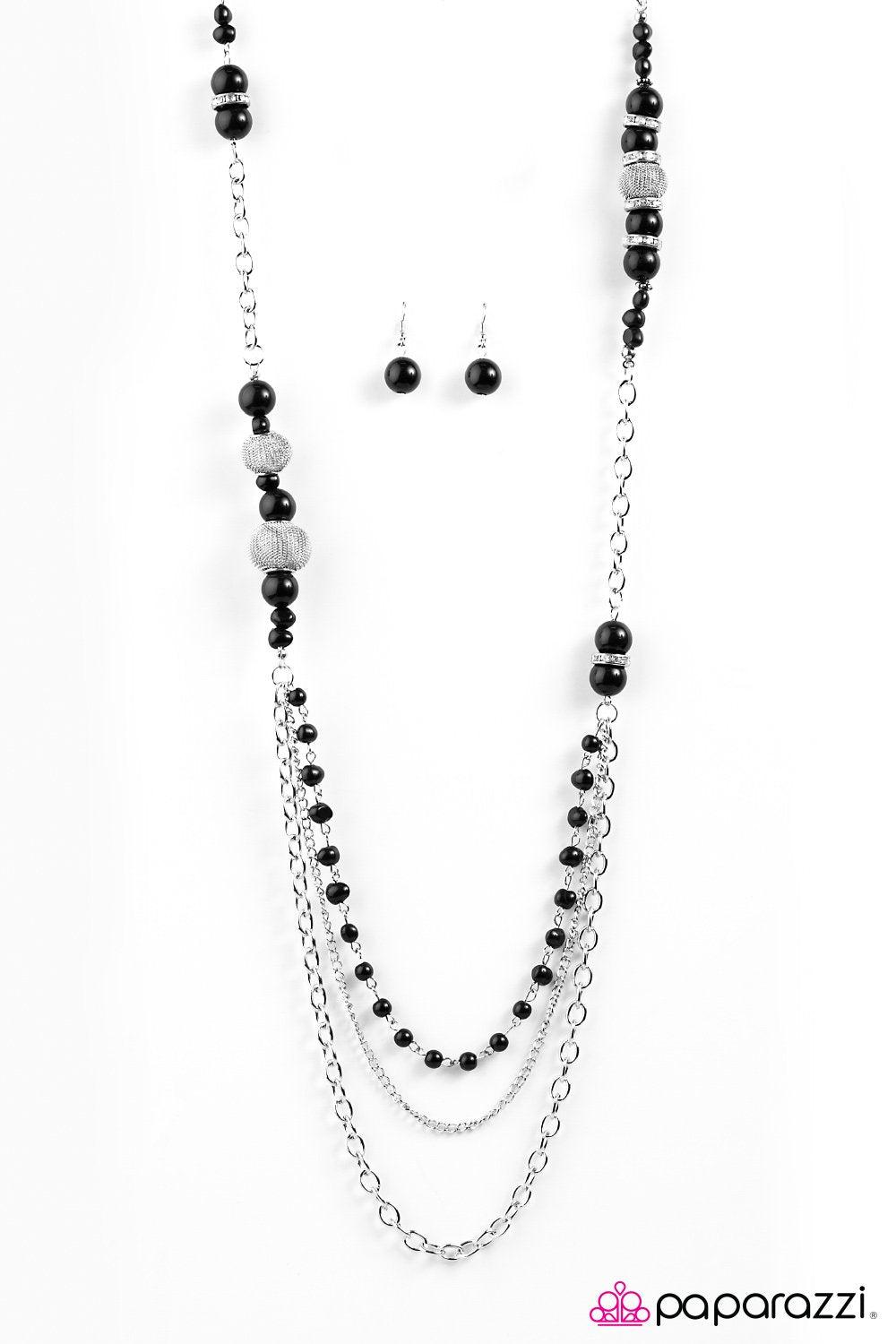Enmeshed in Elegance Long Black and Silver Necklace and matching Earrings - Paparazzi Accessories- lightbox - CarasShop.com - Paparazzi Jewelry by Cara Jewels