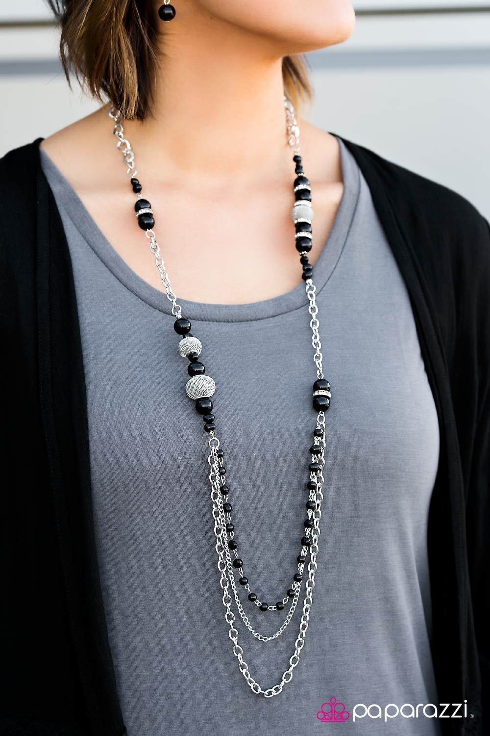 Enmeshed in Elegance Long Black and Silver Necklace and matching Earrings - Paparazzi Accessories- lightbox - CarasShop.com - Paparazzi Jewelry by Cara Jewels