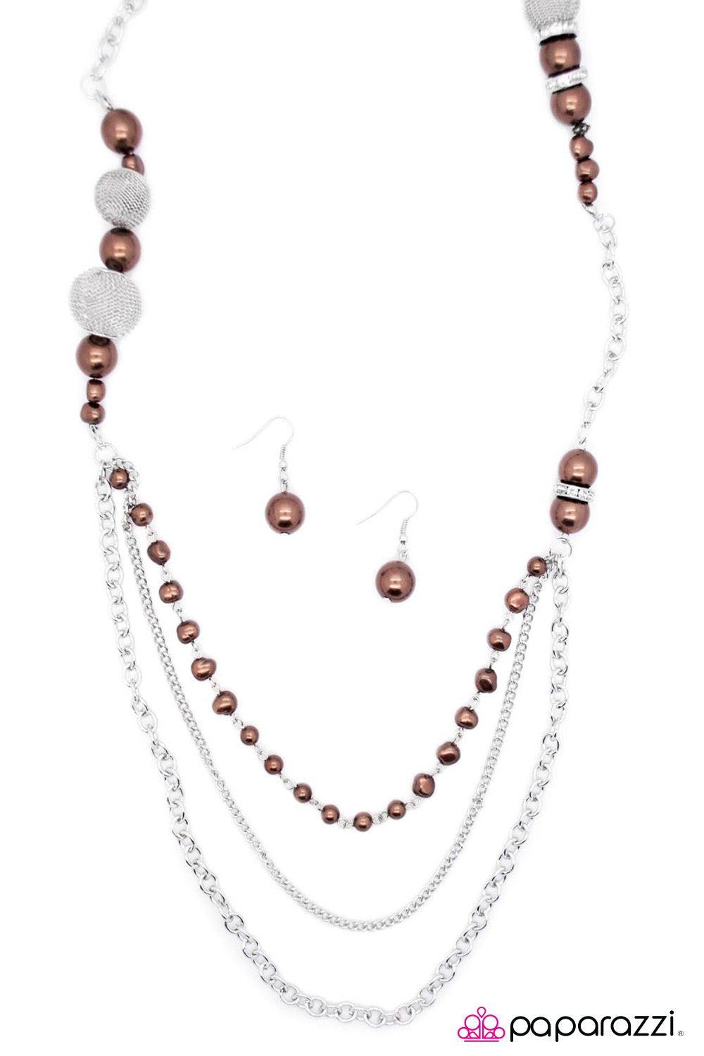 Enmeshed in Elegance Long Brown and Silver Necklace and matching Earrings - Paparazzi Accessories- lightbox - CarasShop.com - Paparazzi Jewelry by Cara Jewels