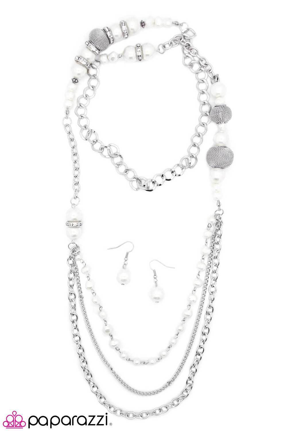 Enmeshed in Elegance Long White and Silver Necklace and matching Earrings - Paparazzi Accessories- lightbox - CarasShop.com - Paparazzi Jewelry by Cara Jewels