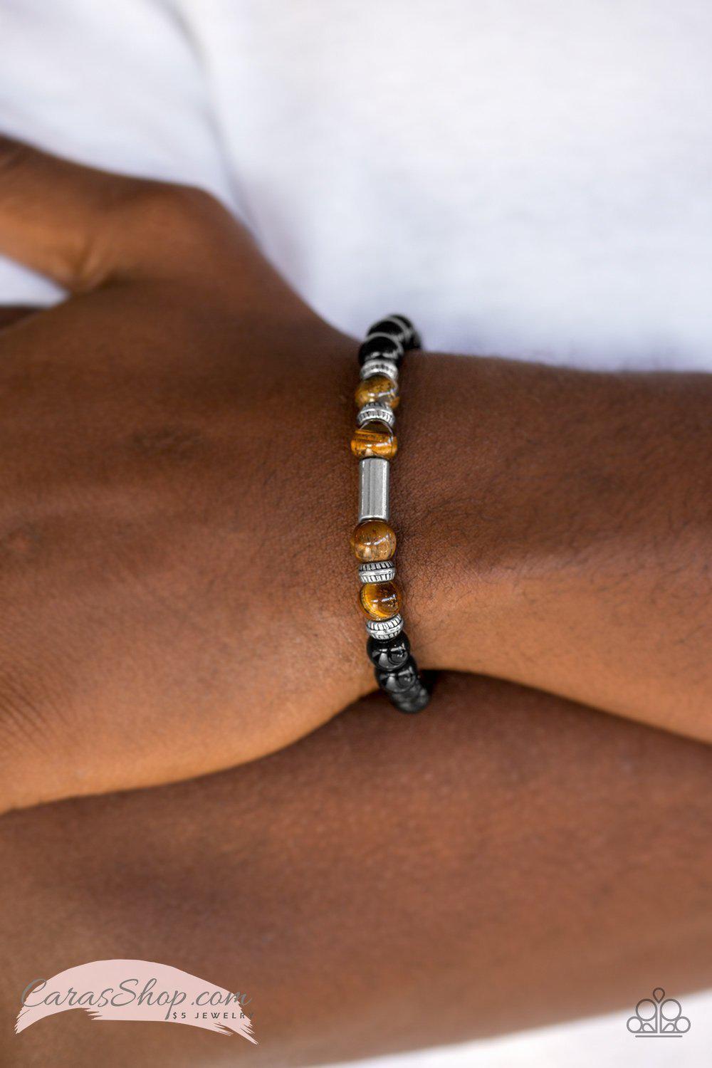 Entranced Brown Tiger Eye and Black Stone Stretch Bracelet - Paparazzi Accessories- on model - CarasShop.com - Paparazzi Jewelry by Cara Jewels