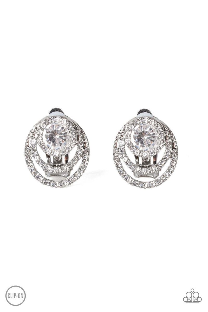 Epic Epicenter White Rhinestone Clip-On Earrings - Paparazzi Accessories- lightbox - CarasShop.com - Paparazzi Jewelry by Cara Jewels
