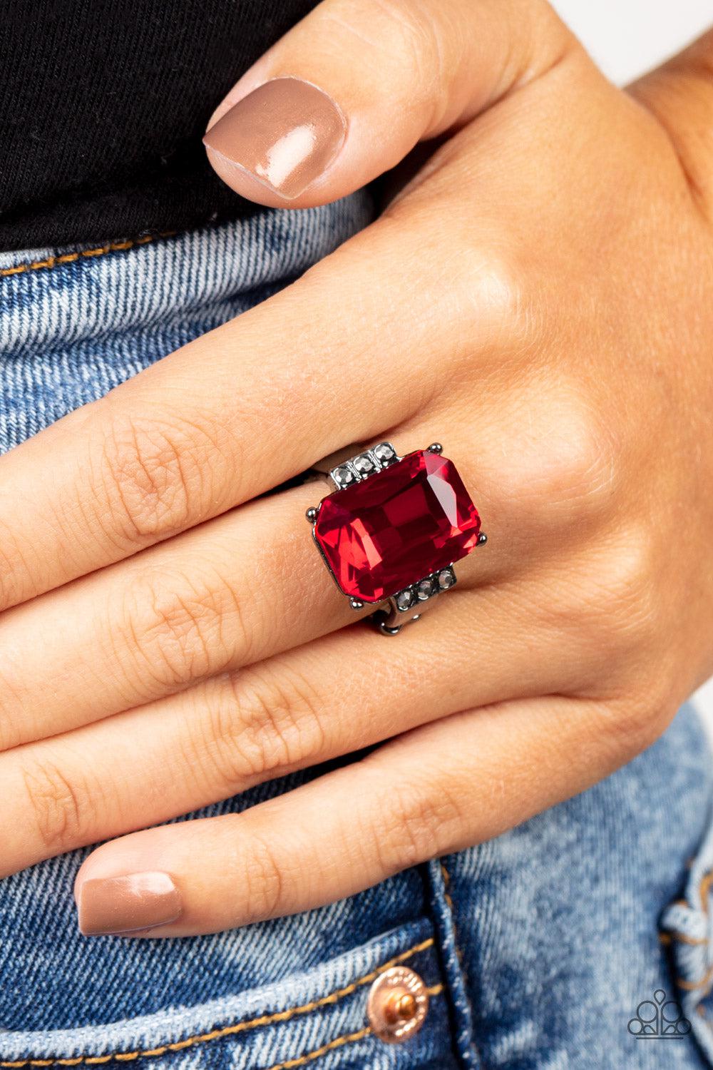 Epic Proportions Red Rhinestone Ring - Paparazzi Accessories- on model - CarasShop.com - Paparazzi Jewelry by Cara Jewels