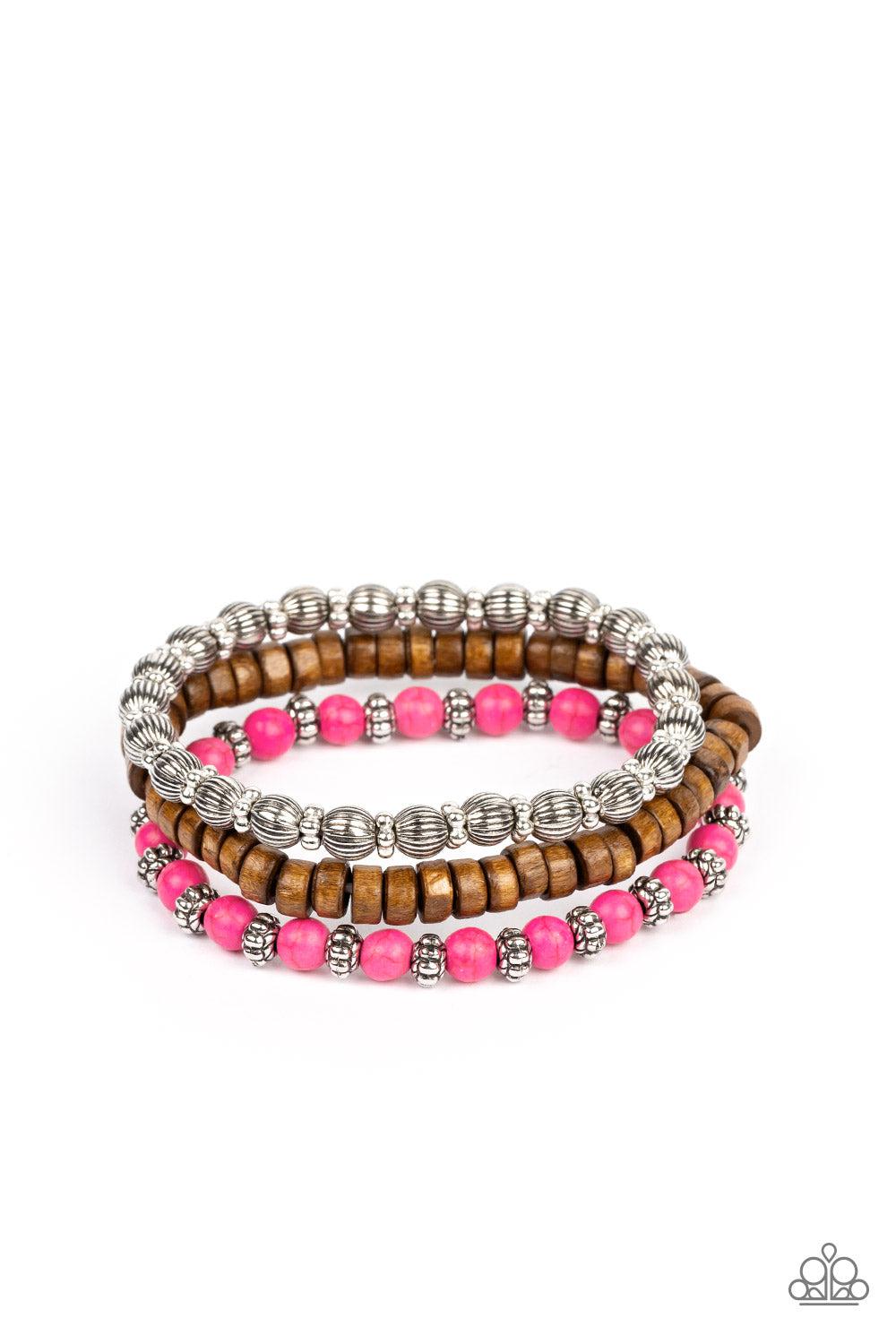 ESCAPADE Route Pink Stone & Wood Bracelet Set - Paparazzi Accessories- lightbox - CarasShop.com - Paparazzi Jewelry by Cara Jewels
