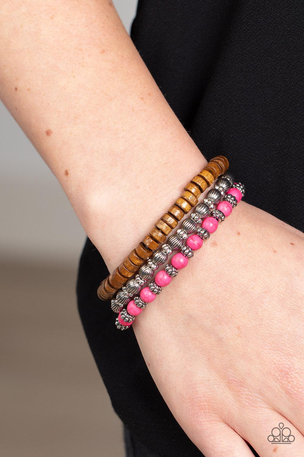ESCAPADE Route Pink Stone & Wood Bracelet Set - Paparazzi Accessories- on model - CarasShop.com - Paparazzi Jewelry by Cara Jewels