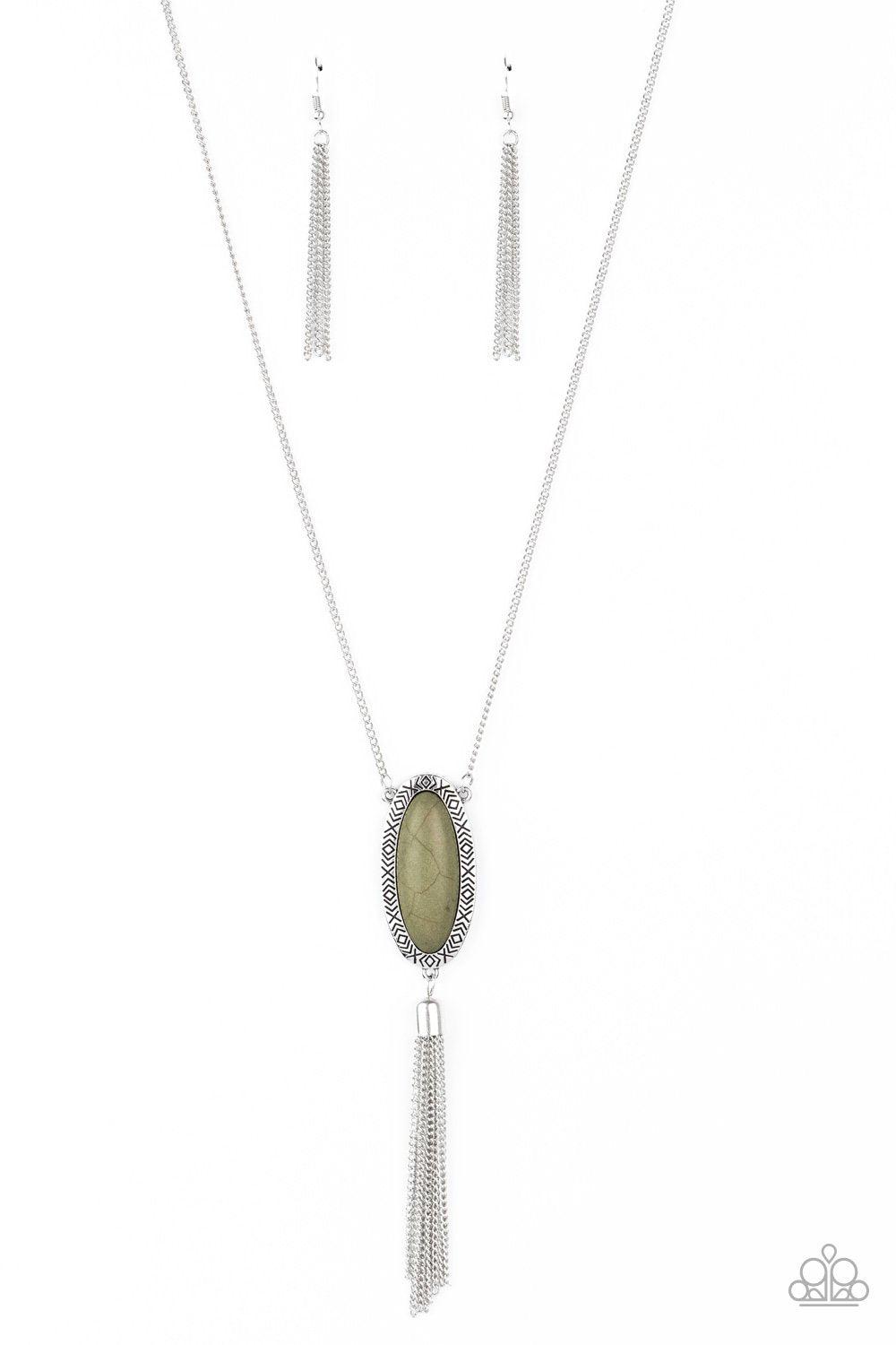 Ethereal Eden Olive Green Stone and Silver Tassel Necklace - Paparazzi Accessories- lightbox - CarasShop.com - Paparazzi Jewelry by Cara Jewels