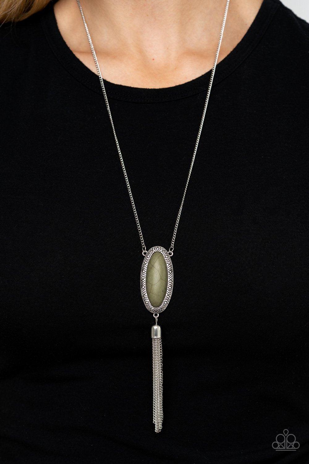 Ethereal Eden Olive Green Stone and Silver Tassel Necklace - Paparazzi Accessories- on model - CarasShop.com - Paparazzi Jewelry by Cara Jewels