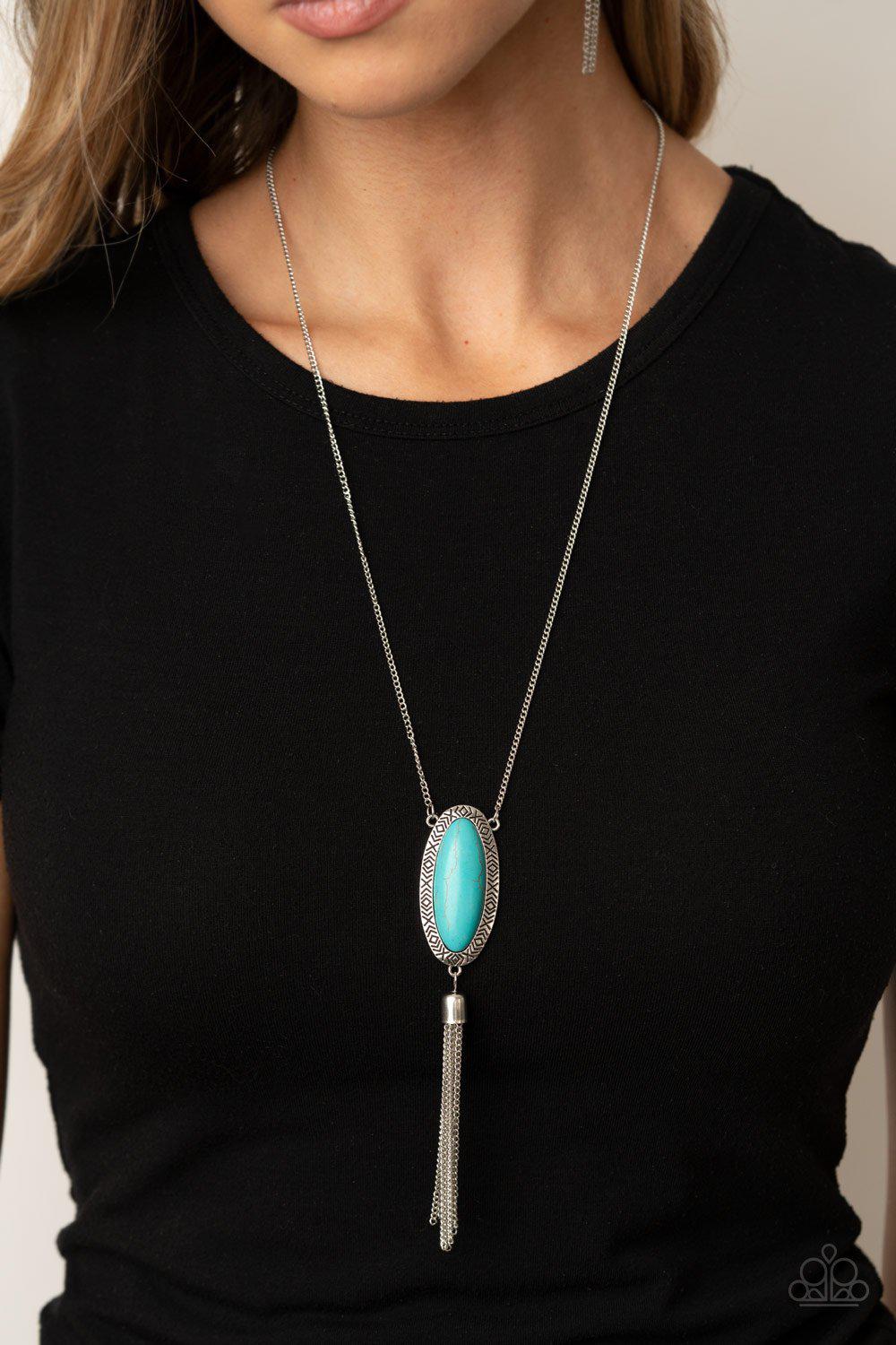 Ethereal Eden Turquoise Blue Stone and Silver Tassel Necklace - Paparazzi Accessories- on model - CarasShop.com - Paparazzi Jewelry by Cara Jewels