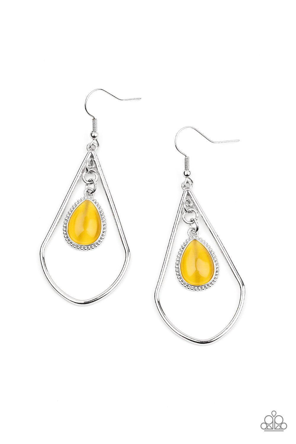 Ethereal Elegance Yellow Cat's Eye Teardrop Earrings - Paparazzi Accessories- lightbox - CarasShop.com - Paparazzi Jewelry by Cara Jewels