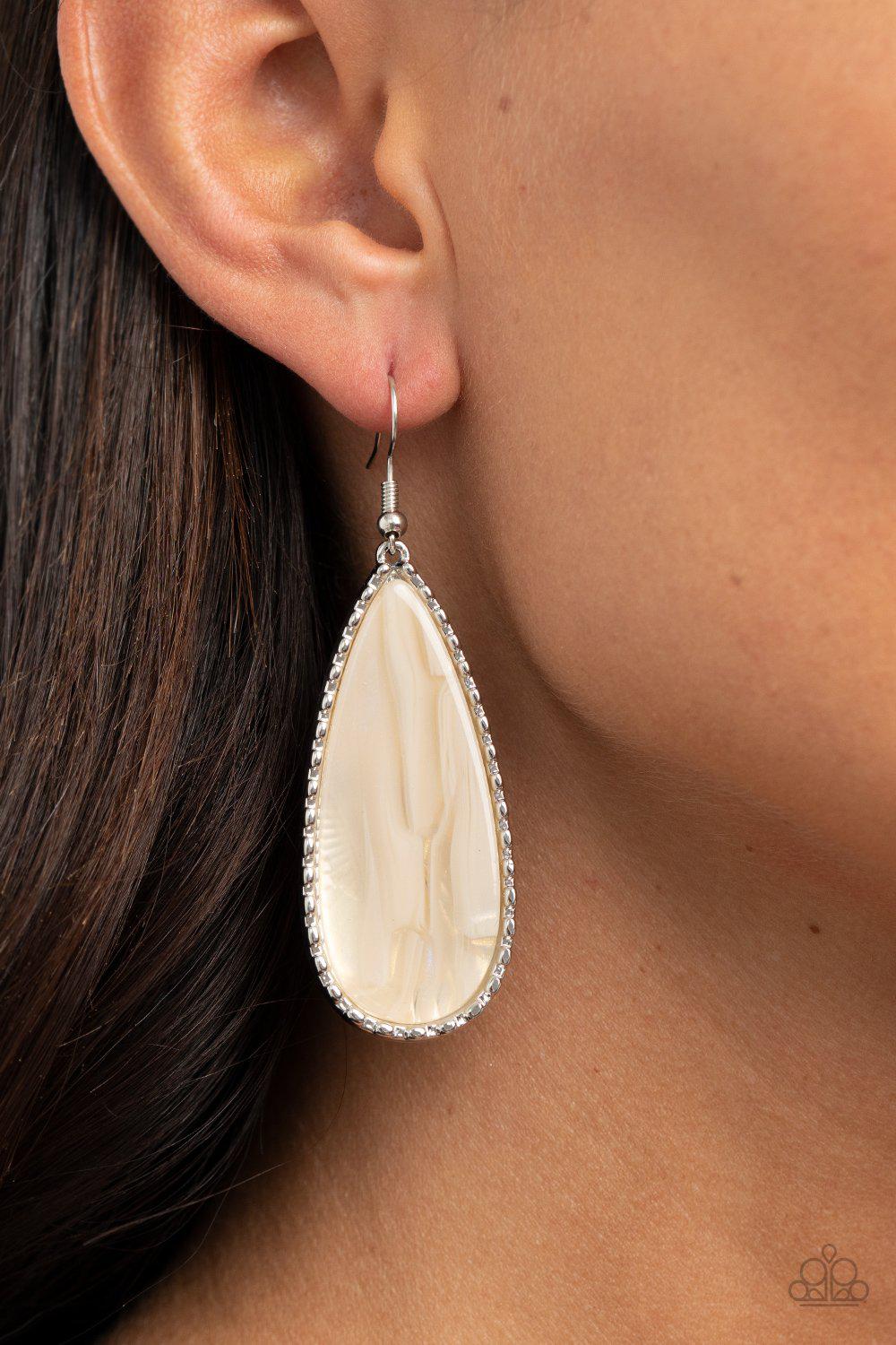 Ethereal Eloquence White Shell-like Acrylic Earrings - Paparazzi Accessories- on model - CarasShop.com - Paparazzi Jewelry by Cara Jewels