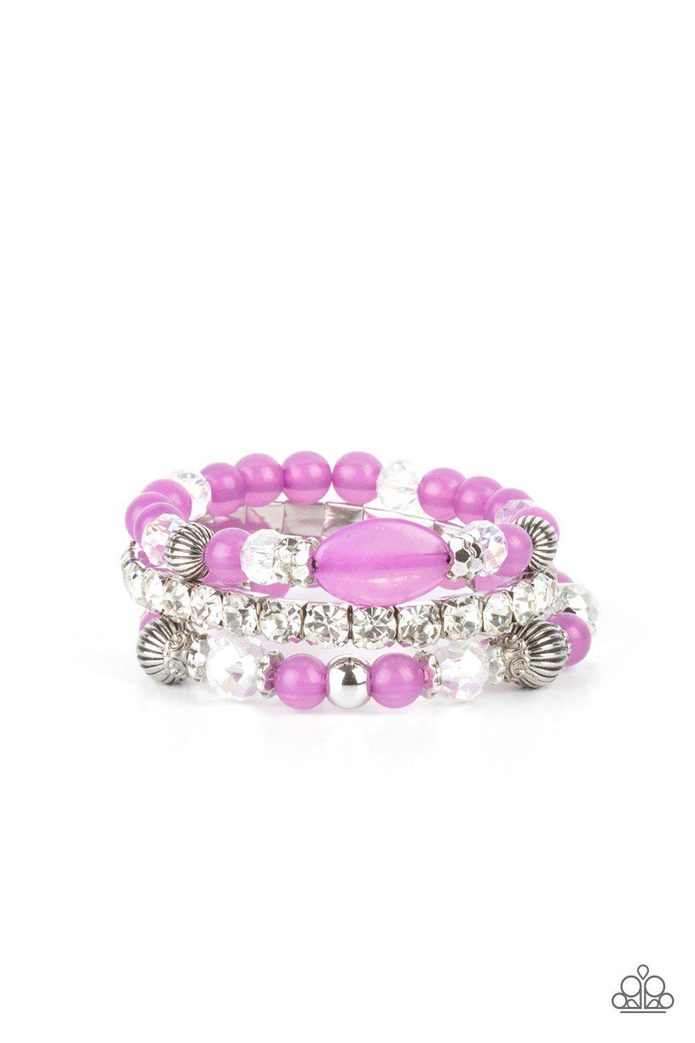 Ethereal Etiquette Purple and White Rhinestone Bracelet Set - Paparazzi Accessories- lightbox - CarasShop.com - Paparazzi Jewelry by Cara Jewels
