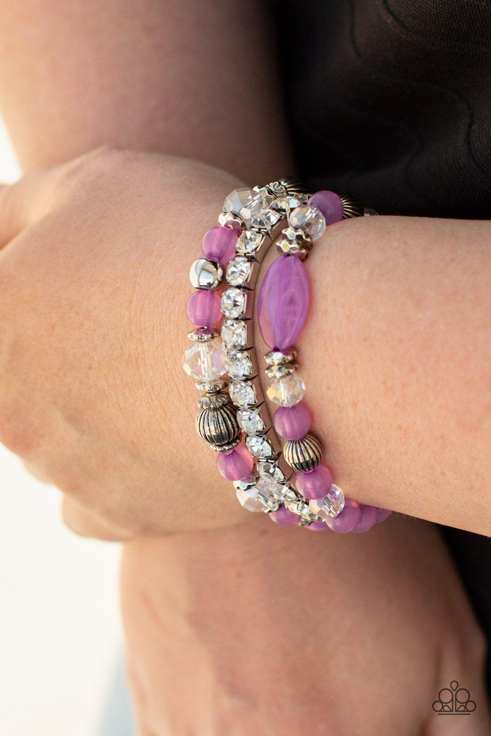 Ethereal Etiquette Purple and White Rhinestone Bracelet Set - Paparazzi Accessories- on model - CarasShop.com - Paparazzi Jewelry by Cara Jewels