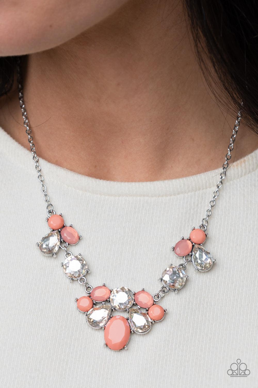 Ethereal Romance Coral and White Rhinestone Necklace - Paparazzi Accessories- on model - CarasShop.com - Paparazzi Jewelry by Cara Jewels