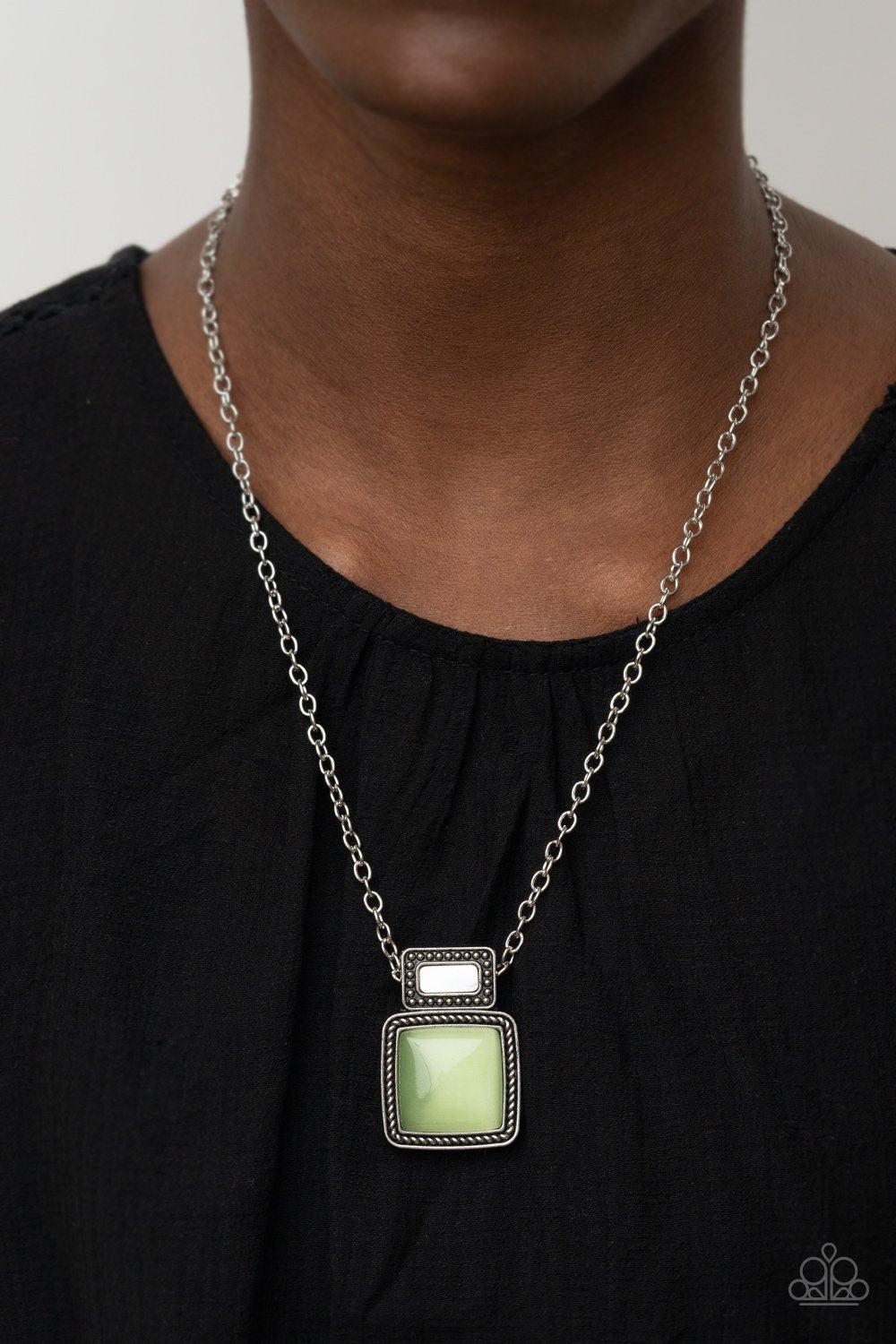 Ethereally Elemental Green Cat's Eye Stone Necklace - Paparazzi Accessories- on model - CarasShop.com - Paparazzi Jewelry by Cara Jewels
