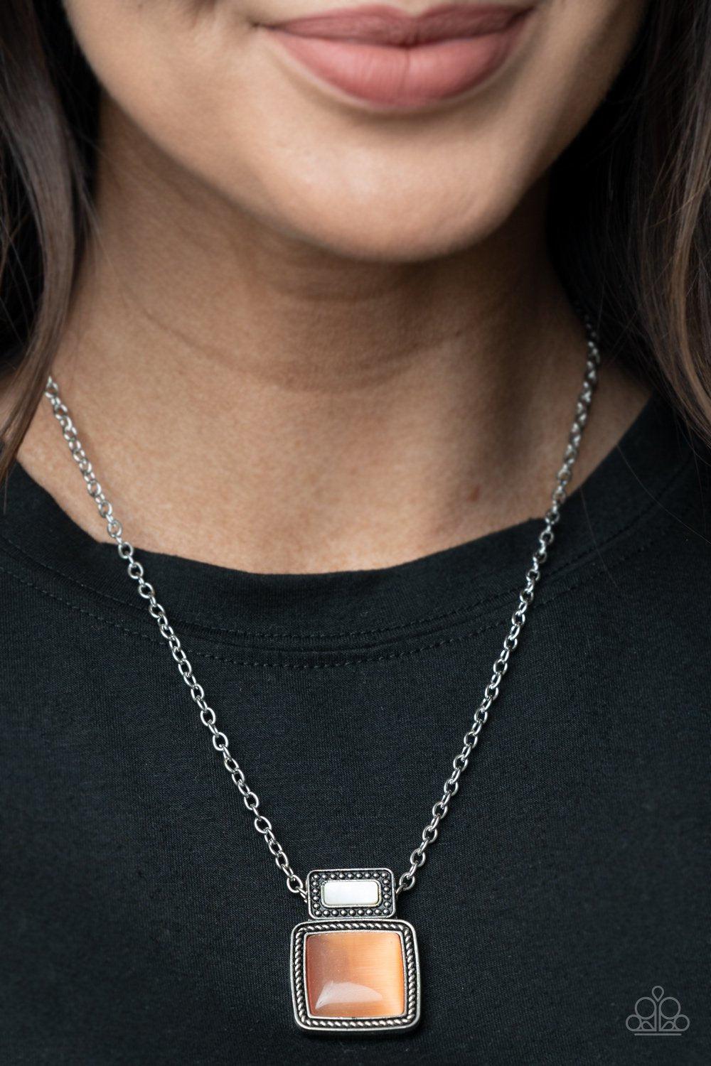 Ethereally Elemental Orange Cat's Eye Necklace - Paparazzi Accessories- on model - CarasShop.com - Paparazzi Jewelry by Cara Jewels