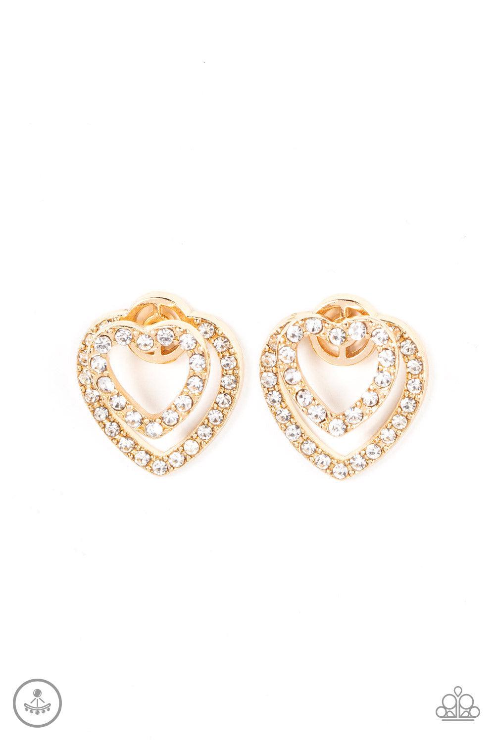 Ever Enamored Gold and White Rhinestone Heart Earrings - Paparazzi Accessories- lightbox - CarasShop.com - Paparazzi Jewelry by Cara Jewels
