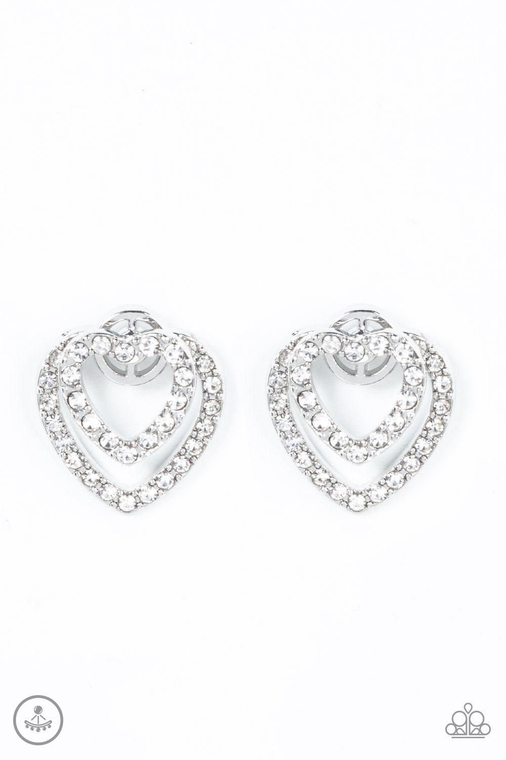 Ever Enamored White Rhinestone Heart Jacket Earrings - Paparazzi Accessories- lightbox - CarasShop.com - Paparazzi Jewelry by Cara Jewels